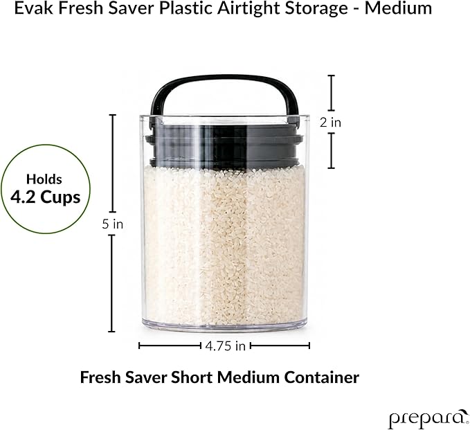 Prepara Evak Fresh Saver Airtight Plastic Container,Medium/Short (5”x 3.75”,4.2 Cups),BPA-Free Food Storage Canister Vacuum Sealed Lid Handle, Odor Resistant, Ideal for Coffee Beans & Dry Goods, Rice