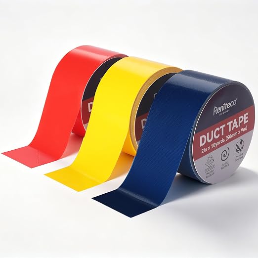 Reniteco 3 Pack Duct Tape, 2 in x 10 Yards Heavy Duty, High-Density Mesh – Clean Tear, No Residue, Waterproof, UV Resistant, for DIY, Color-Coding, Home & Outdoor (Red, Navy Blue, Yellow)