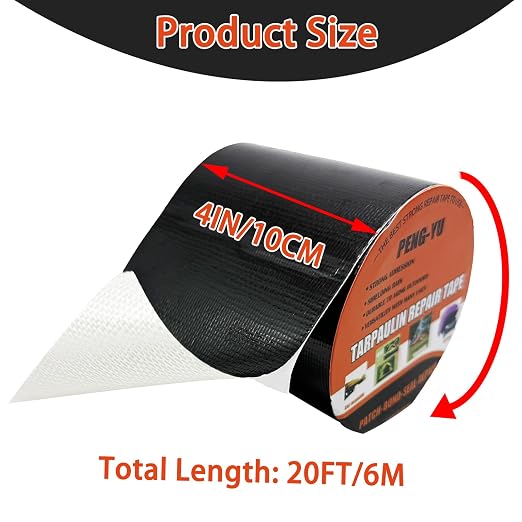 Heavy Duty Awning Repair Tape, Waterproof Strong Adhesive Patch, Instant Fix Tape for Tent, Boat Covers, Tarp, Sail, Canopy, Canvas, Tarpaulin, 4INX20FT, Black