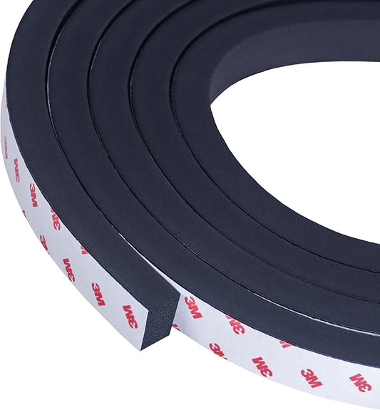 Neoprene Waterproof Rubber Foam 1/2” (w) x 3/8” (h) x 12 Feet Long Weather Stripping Door Seal Insulation Shock-Absorbing 3M Self-Adhesive Tape for Door Frames, Windows – Black, 1 Continuous Roll
