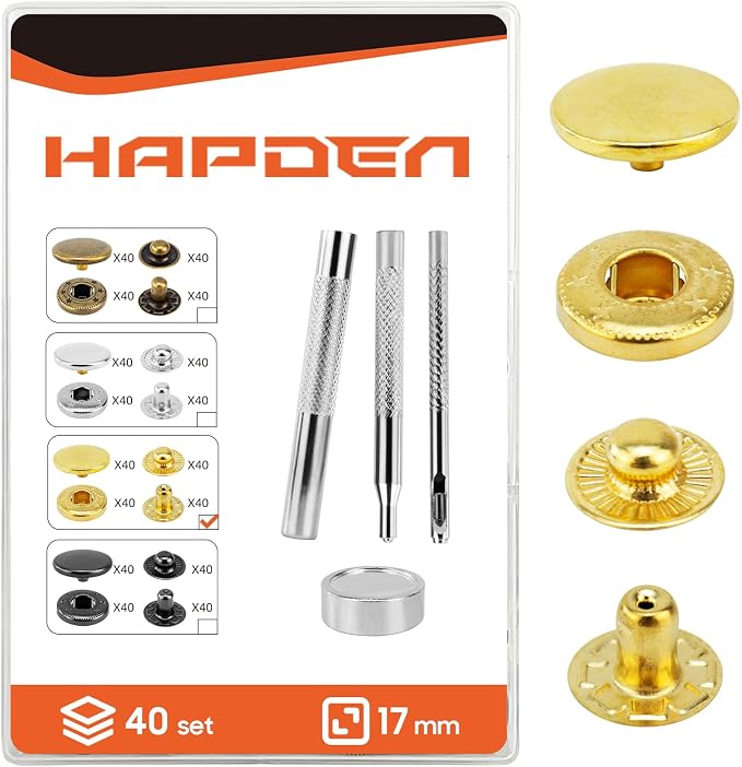 Leather Snaps and Fasteners Kit，12.5mm 40 Sets Metal Snap Buttons with Setter Tools， Sewing Snaps for Clothing，Fabric，Leather, Clothes, Jackets, Bags, DIY Crafting （Gold）