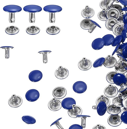 HARFINGTON 100 Sets Double Cap Leather Rivets, 10x10mm Round Cap Tubular Metal Studs Leather Crafting Rivets for Fabric Belt Pet Collar Boot Bag Repair and Decoration, Dark Blue
