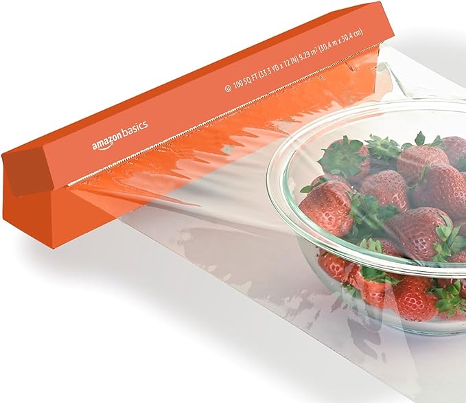 Amazon Basics Plastic Food Wrap, BPA Free, Microwave Safe with Tight Seal, 300 Sq Ft, Pack of 3, 100 Sq Ft Rolls