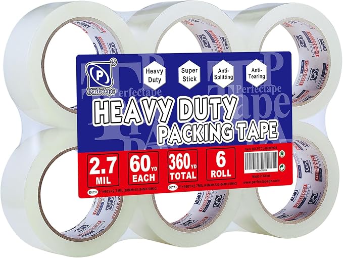 P PERFECTAPE Heavy Duty Packing Tape 6 Rolls, Clear, 2.7 mil, 1.88" x 60Y | Total 360Y, Ultra Strong, Refill for Packaging and Shipping