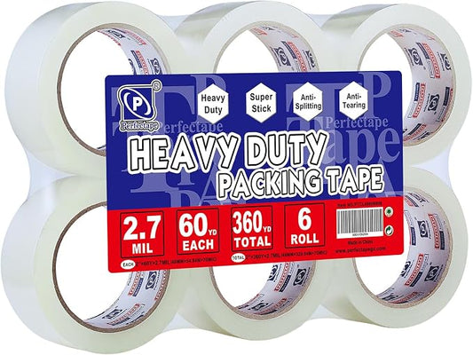 P PERFECTAPE Heavy Duty Packing Tape 6 Rolls, Clear, 2.7 mil, 1.88" x 60Y | Total 360Y, Ultra Strong, Refill for Packaging and Shipping