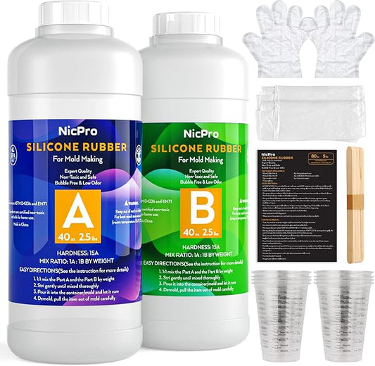 Nicpro 80oz Silicone Mold Making Kit, 15A Platinum Liquid Silicones Rubber, Flexible Silicone Molds Maker Mix Ratio 1:1 for Casting 3D Resins Candle Soap Molds DIY with Gloves, Sticks, Mixing Cups