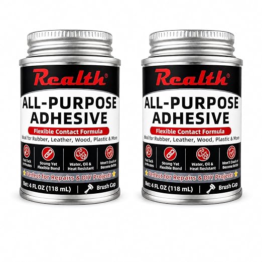 Realth All Purpose Adhesive 4 oz Brush Can 2 Pack Strong Contact Cement | Fast Drying Flexible Repair Glue for Leather, Rubber, Neoprene, Plastic & Wood
