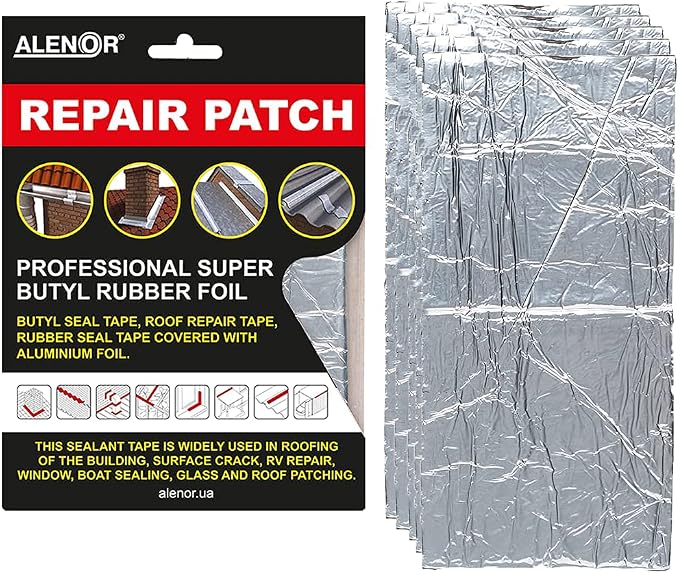 ALENOR Aluminum Butyl All Weather Repair Patch 4"x6" (Pack of 5) Waterproof Sealing Patch Roof Leak Indoor Outdoor Pipe HVAC Vent Air Conditioner Window Seal Unit Rain Gutters Flashing Auto & Boats RV
