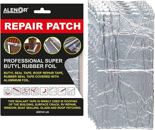 ALENOR Aluminum Butyl All Weather Repair Patch 4"x6" (Pack of 5) Waterproof Sealing Patch Roof Leak Indoor Outdoor Pipe HVAC Vent Air Conditioner Window Seal Unit Rain Gutters Flashing Auto & Boats RV