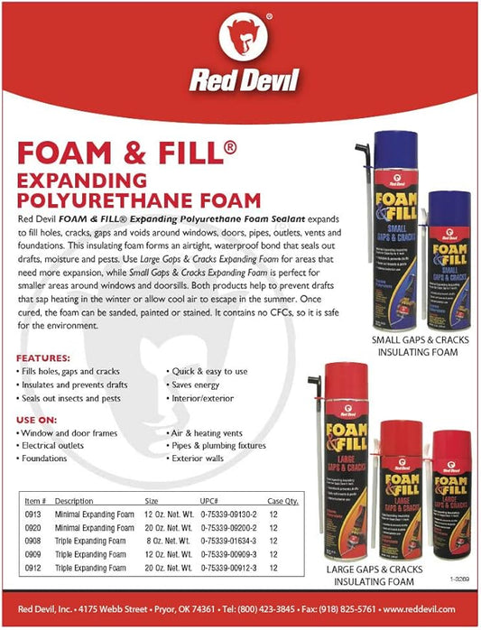 Red Devil 0920 Spray Foam & Fill Small Gaps & Cracks Expanding Insulation, Polyurethane Sealant, 20 oz, Off-White, Pack of 1