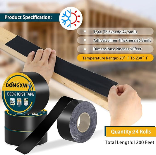 Dongxw 24 Packs Deck Joist Tape, 2" x 50' Waterproof Butyl Joist Tape for Decking 2inch, Flashing Tape Self-Adhesive Joist Tapes for Decks Beams Extend Wood Deck Life