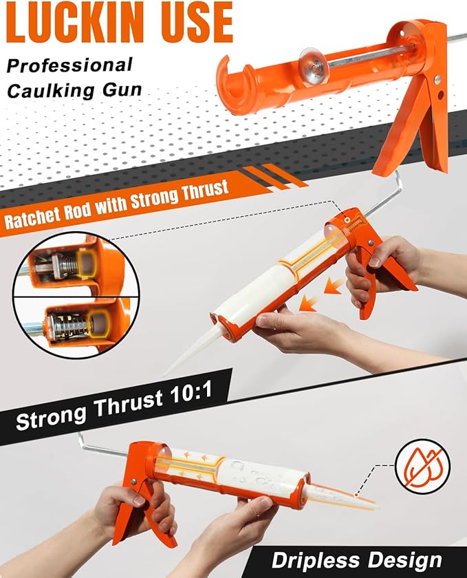 Holothurian Caulking Gun, Caulk Gun No Drip,Sealant Finishing Tool Grout Scraper for Kitchen Bathroom Window Sink Joint, 1/10 Gallon Cartridge, 10:1 Thrust Ratio, Orange