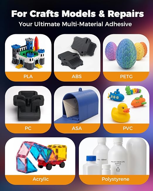 Super Glue for Plastic, PLA, ABS, PETG, PC, ASA, Acrylic, PVC, Dries Clear Liquid CA Adhesive for 3D Prints, Model Kits, RC Parts & Repairs, 40ml