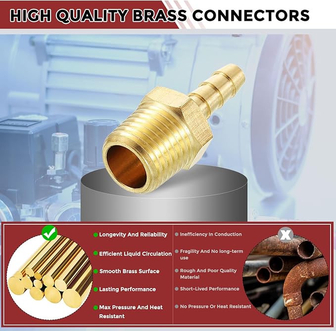 Pack of 8 Brass Hose Barb Fittings Adapter Connector 3/16" Hose Barb to 1/4" NPT Male Fittings for Home Machines, Massage Bathtubs, and Irrigation Systems