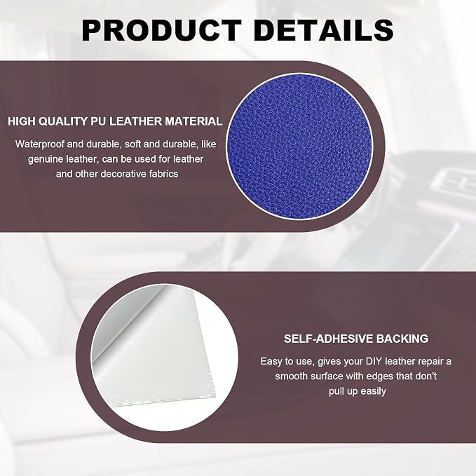 2 PCS Leather Repair Patch Tape, 4 x 8 Inch PU Vinyl Repair Patches for Car Upholstery Seat, Waterproof Self Adhesive Leather Tape Repair Kit for Furniture Couches Chairs (Royal Blue)