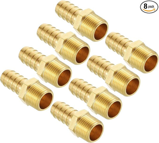 Pack of 8 Brass Hose Barb Fittings Adapter Connector 1/2" Hose Barb to 3/8" NPT Male Fittings for Home Machines, Massage Bathtubs, and Irrigation Systems