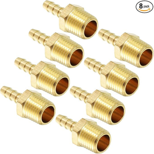Pack of 8 Brass Hose Barbs Fittings 5/16" Hose Barbs to 3/8" NPT Male Fittings for Home Machines, Massage Bathtubs, and Irrigation Systems