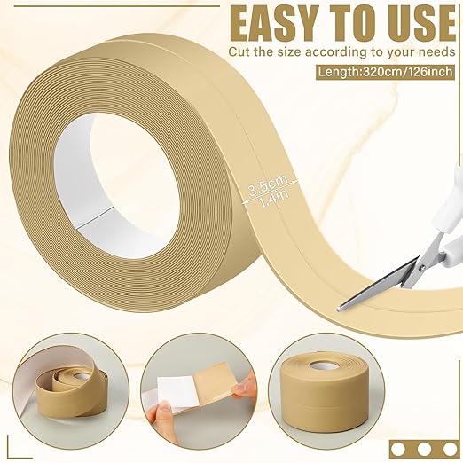 Frienda Almond Caulk Tape 10.5' x 1.5'' Waterproof Self Adhesive Caulk Strip Bathtub Sealant Tape Sealing Strip Oil Proof Bathroom Sealant for Kitchen Floor Wall Edge Protector(PE)