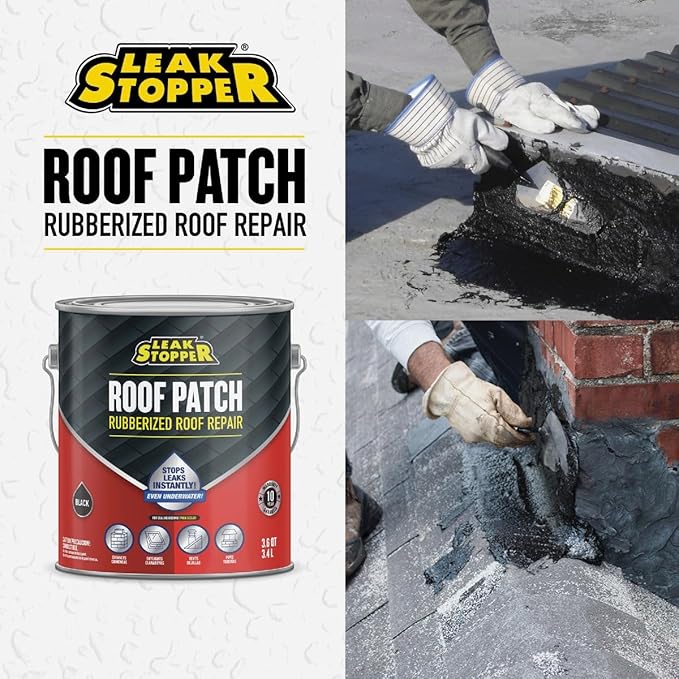 Gardner-Gibson Leak Stopper Rubberized Roof Patch 1 Gallon | 100% Flexible Instant Sealant for Built-Up Roofs, SBS Modified Roofs, Metal Roofs & Many Other Surfaces | 10 Years Warranty | Black |