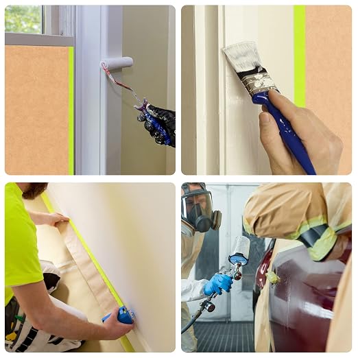 Tangibay Pre-Taped Masking Paper for Painting - 12 inch x 50 feet Tape and Drape Painters Paper, Paint Adhesive Protective Paper Roll for Covering Skirting, Frames, Cars and Auto Body (1 Roll)