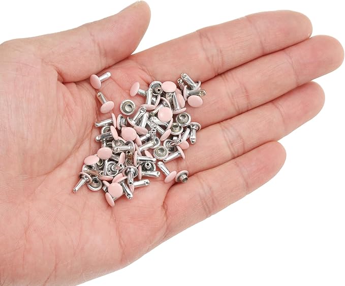 HARFINGTON 100 Sets Double Cap Leather Rivets, 6x8mm Round Cap Tubular Metal Studs Leather Crafting Rivets for Fabric Belt Pet Collar Boot Bag Repair and Decoration, Pink