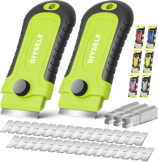 DIYSELF 2 Pack Razor Blade Scraper with 30 Pcs Spare Blades, Heavy Duty Scraper Tool, Scraper for Cleaning, Glass Top Stove, Paint Scraper, Razor Scraper, Glass Scraper, Oven Scraper