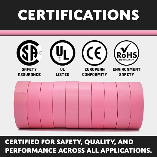 TradeGear Pink 10 Pack - UL Listed Colored Electrical Tape, 60 ft x 3/4 in, 600V, Flame Retardant, Waterproof, Rubber Adhesive - Phase Marking, Wire ID, Automotive
