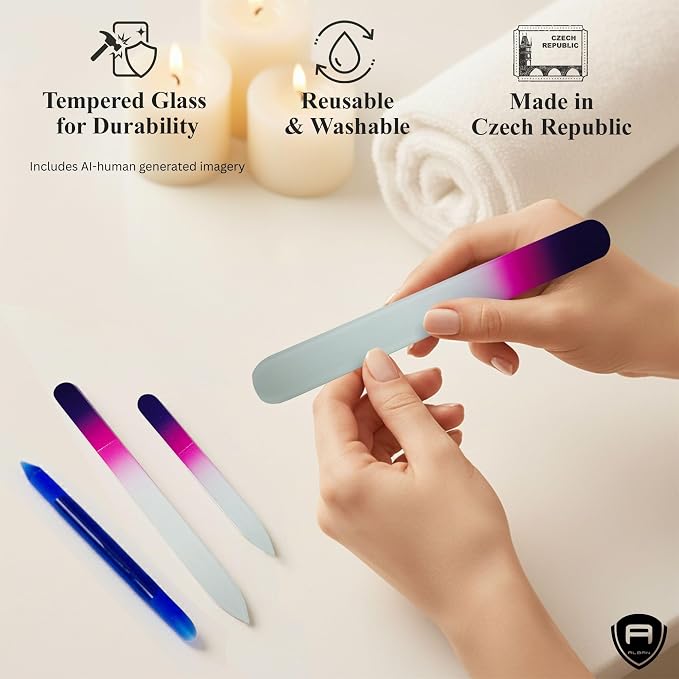 Alban Czech Glass Nail File Set with Manicure Stick & Vegan Leather Cosmetic Case (Purple-Pink Nail Files, Royal Manicure Stick & Cream Cosmetic Case)