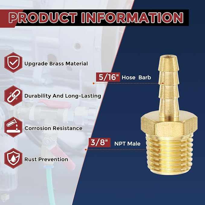 Pack of 8 Brass Hose Barbs Fittings 5/16" Hose Barbs to 3/8" NPT Male Fittings for Home Machines, Massage Bathtubs, and Irrigation Systems