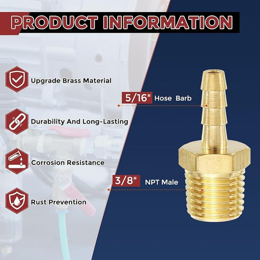 Pack of 25 Brass Hose Barbs Fittings 5/16" Hose Barbs to 3/8" NPT Male Fittings for Home Machines, Massage Bathtubs, and Irrigation Systems