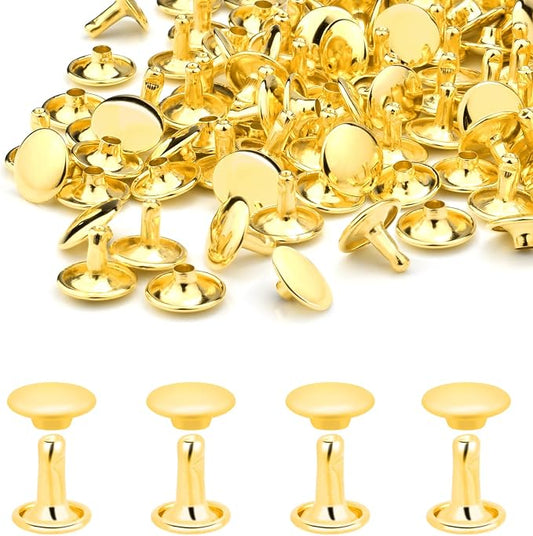 CooBigo 200Sets Rivets for Leather, 10mm Double Cap Leather Rivets Metal Tubular Studs for Leather Key Fob Clothing Pets Collar Boots Bags Belt Repair and Decoration (Gold)