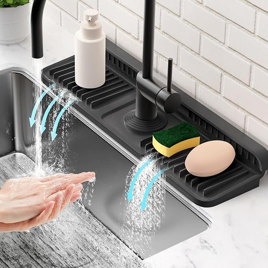 17.7'' Folding Faucet Mat for Kitchen Sink Splash Guard[7° Slope Fast Self-draining][Snap Lock Fit] Kitchen Sink Faucet Mat Splash Guard Kitchen Sink Area Water Splash Guard Behind Faucet Draining Mat