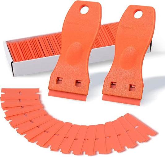 FOSHIO 2PCS Orange Plastic Razor Blade Scraper Tool and 100PCS Orange Plastic Blades for Gasket Remover, Sticker Remover, Labels Decal and Adhesive Remover for Windows and Glass