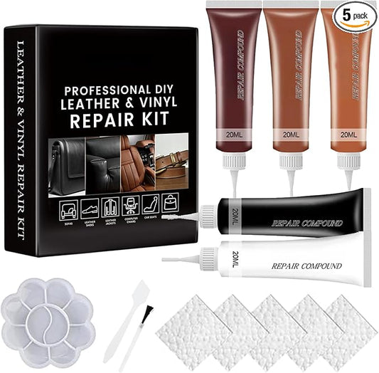 Leather Repair Kit for Furniture, Sofa, Jacket, Car Seats & Purse, 5Pcs Vinyl Repair Kit with Easy Instructions, Fix Tears, Scratches, Holes & Peeling on Genuine, Faux, Bonded Leather (Brown)
