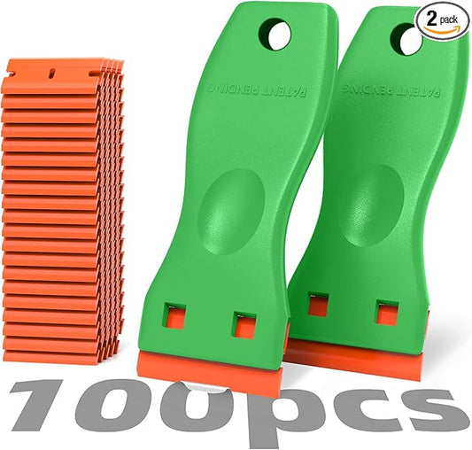 Plastic Razor Blades Scraper Tool - 2 Pack Wall Paint Remover with 100 PCS Blades Kit No Scratch Car Window Glass Wood Sticker Removal Floor Stove Kitchen Vinyl Adhesive Decal Tape Cleaning
