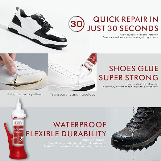 Super Strong Universal Shoe Glue – 30-Second Quick Repair Waterproof Clear Adhesive – Heavy Duty Shoes Glue for Sneakers, Soles, Heels & All Footwear with Precision Nozzle & Needle Tip