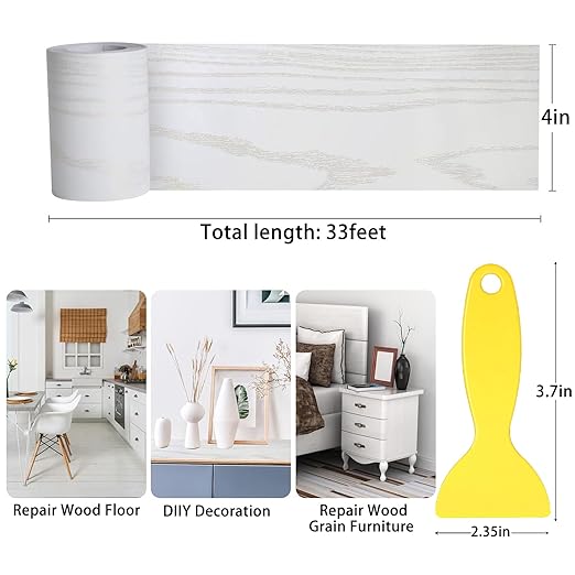 4'' X33' Size Realistic Wood Grain Repair Tape, Self Adhesive Wood Patch for Tables, Chairs, Baseboards, Doors, Windows, Floors, Furniture Renovation, Handicraft DIY. Gold Line White Wood