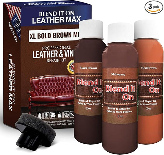 Blend It On Extra Large Leather Repair Kit, 6 Full Ounces for Furniture, Jacket, Sofa, Car Seat, Boots, Easy Instructions to Match Colors, Restore Any Material No Mixing Chart Needed (Bold Browns)