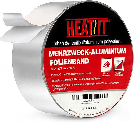 HEATIT Aluminum Foil Tape Professional Grade 2 inch x 30 feet (10yard Length) Thick 5.3mil (2.4mil foil and 2.9mil Backing Paper) for HVAC, Ducts, Pipes, Metal Repair, Heating Cable Application etc
