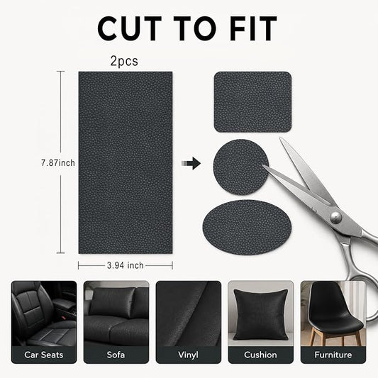 2 PCS Leather Repair Patch Tape, 4 x 8 Inch Waterproof PU Self Adhesive Leather Repair Patch Kit, Cuttable Car Fabric Sofa Vinyl Tape for Car Upholstery Seat, Furniture, Couch (Black)