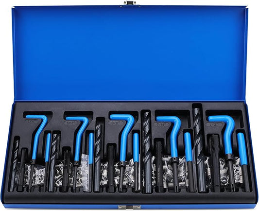 SEDY SAE Thread Repair Helicoil Kit - 131PC with HSS Drill Bits, Inserts, Taps, and Breakoff Tools for Rethreading on Metal, Engine, Pipe Repair - Sizes 1/4" 5/16" 3/8" 7/16" 1/2"
