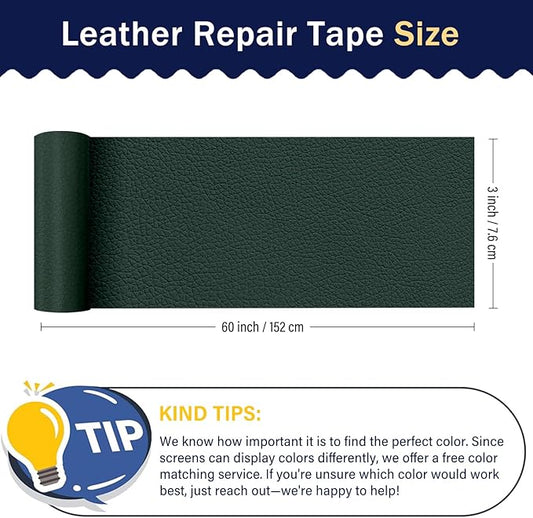 Zenyao Leather Repair Patch Tape - Self Adhesive Leather Repair Kit for Car Seat Furniture, Heavy Duty Vinyl Repair Patch for Couch Sofa, Waterproof Fix for Tears, 3x60 Inch Roll, Dark Green