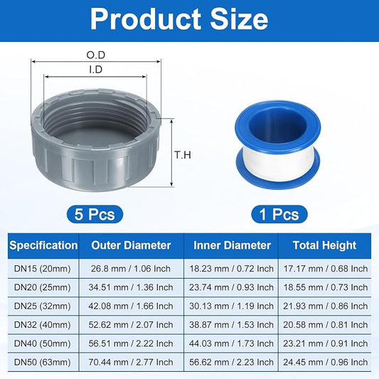 uxcell 5Pcs 1-1/2 Inch PT Female Thread PVC Pipe Fitting Cap, Cleanout Water Drain End Caps, Pipe Plug Socket Fittings with Tape for Water Heater Supply Lines, Plumbing, Gray