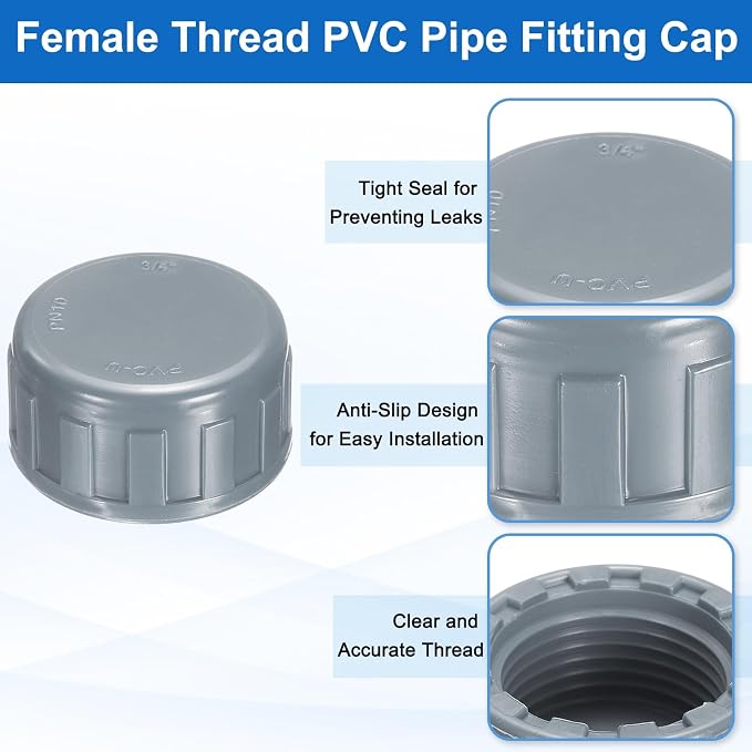 uxcell 5Pcs 1 Inch PT Female Thread PVC Pipe Fitting Cap, Cleanout Water Drain End Caps, Pipe Plug Socket Fittings with Tape for Water Heater Supply Lines, Plumbing, Gray