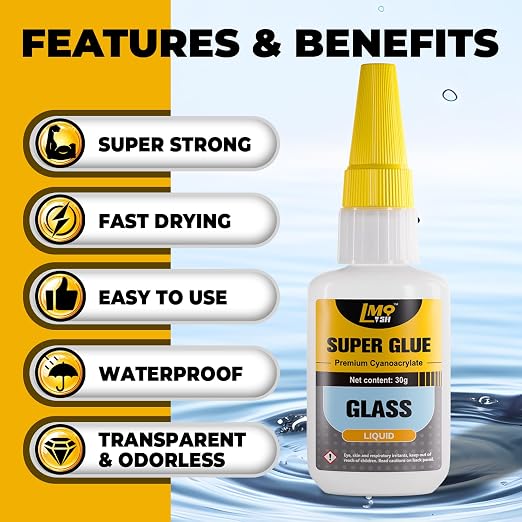 Glass Super Glue Liquid, Clear Instant Cyanoacrylate Adhesives for Glass Repair, All Purpose CA Glue for Ceramic Crystal Jewelry Mirror Plastic Model Metal Wood Pottery Porcelain Stone, Thin