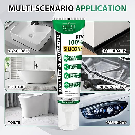 Silicone Sealant Adhesive Silicone Caulk, No Caulking Gun Needed, 100% Waterproof Flexible Sealant, Strong Bond, Shrink & Crack Resistant for Automotive, Kitchen, Bathroom & Windows, 5 Oz Gray