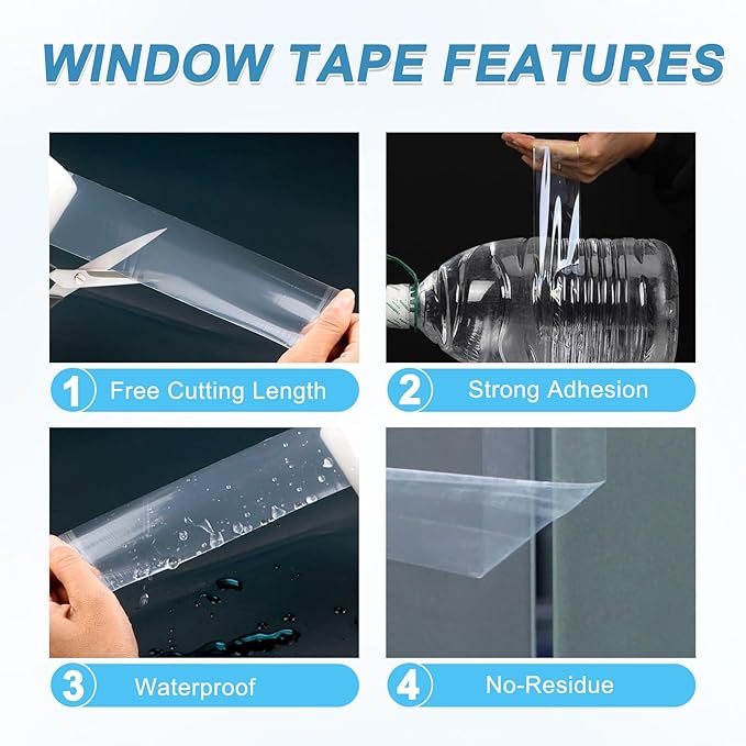 Window Sealing Tape Weather Stripping 3 Inch x 35 Yards Clear Window Insulation Draft Isolation Sealing Film Tape for Shower Glass Gaps Seal Windproof, Residue Free (3 Inch x 35 Yards)