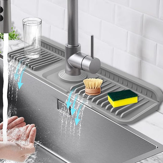 17.7-Inch Kitchen Sink Splash Guard Mat | 7° Slope for Fast Self-Draining | Snap-Lock Design | Universal & Cuttable Silicone Faucet Mat Gray
