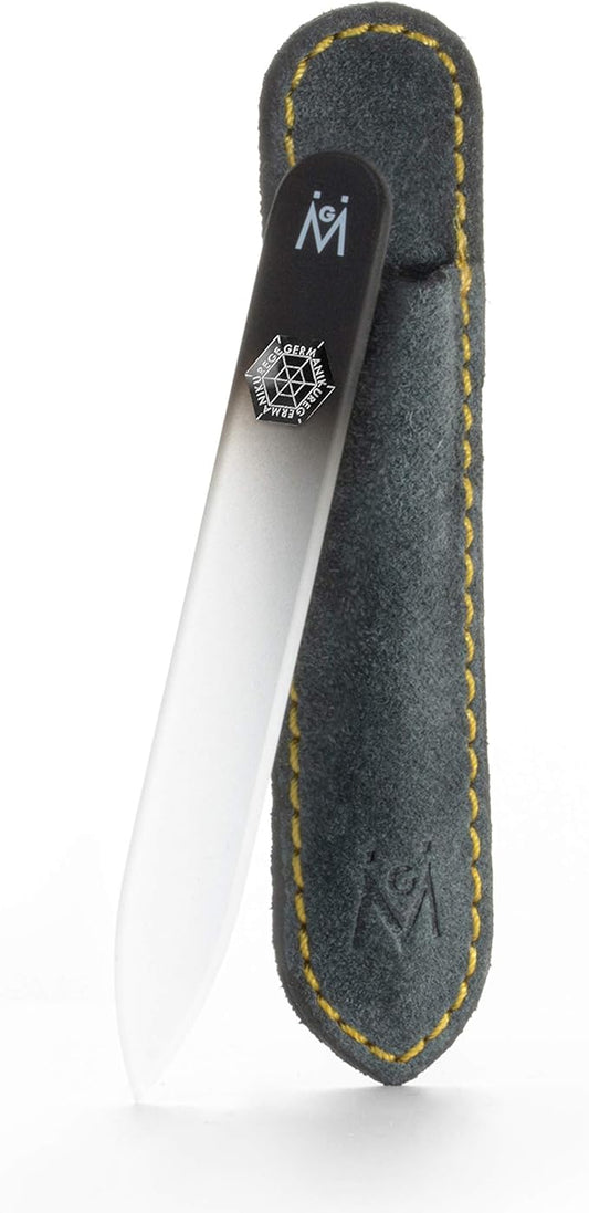 GERMANIKURE Czech Crystal Black Glass Nail File in Suede Leather Case - Small Travel Design - Professional Manicure & Pedicure Products for Smooth Easy Shaping of Natural Nails