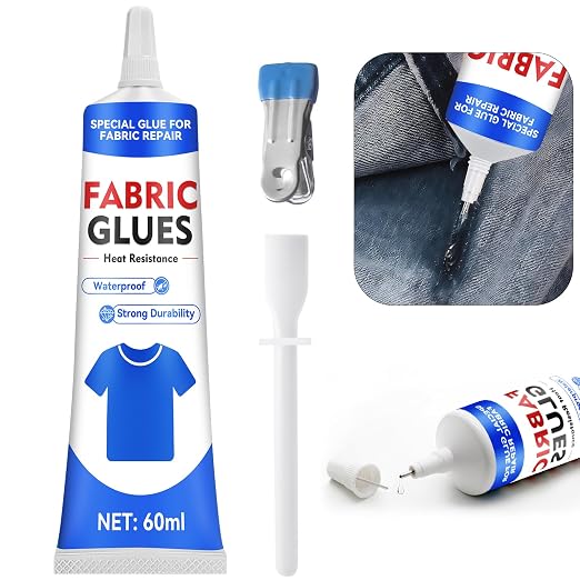 Fabric Glue, 60 ML Fabric Glue for Clothing Permanent Washable, Fabric Adhesive for Rhinestones, Patches, Clothes, Denim, Leather, Polyester, Fabrics, Doll Repair, Flannel, Cotton